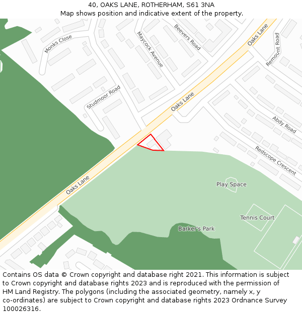 40, OAKS LANE, ROTHERHAM, S61 3NA: Location map and indicative extent of plot