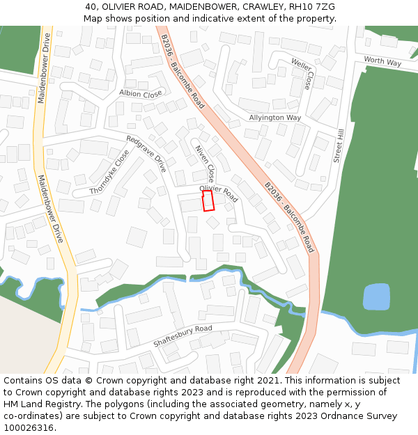 40, OLIVIER ROAD, MAIDENBOWER, CRAWLEY, RH10 7ZG: Location map and indicative extent of plot