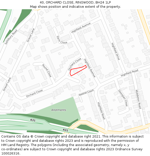 40, ORCHARD CLOSE, RINGWOOD, BH24 1LP: Location map and indicative extent of plot