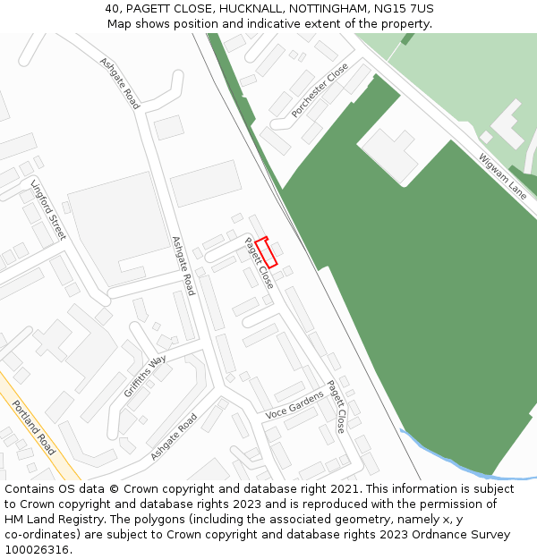 40, PAGETT CLOSE, HUCKNALL, NOTTINGHAM, NG15 7US: Location map and indicative extent of plot
