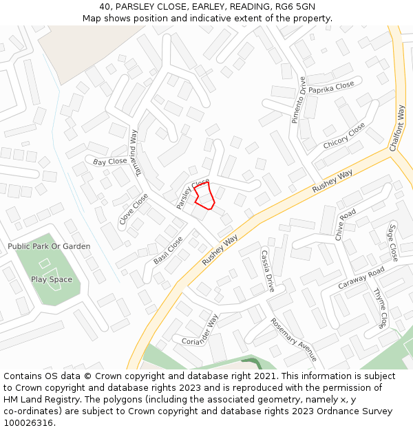 40, PARSLEY CLOSE, EARLEY, READING, RG6 5GN: Location map and indicative extent of plot
