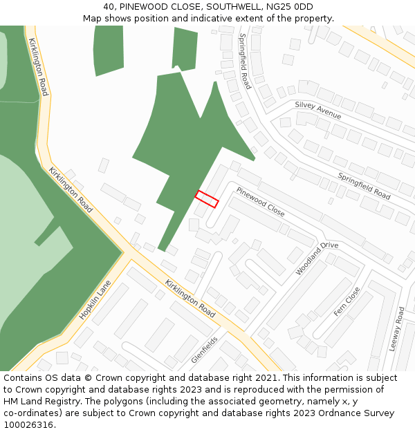 40, PINEWOOD CLOSE, SOUTHWELL, NG25 0DD: Location map and indicative extent of plot