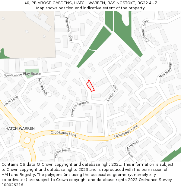 40, PRIMROSE GARDENS, HATCH WARREN, BASINGSTOKE, RG22 4UZ: Location map and indicative extent of plot
