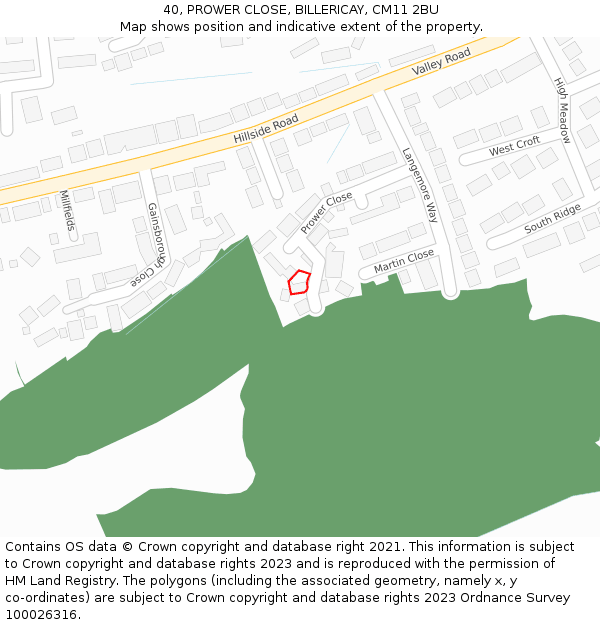 40, PROWER CLOSE, BILLERICAY, CM11 2BU: Location map and indicative extent of plot