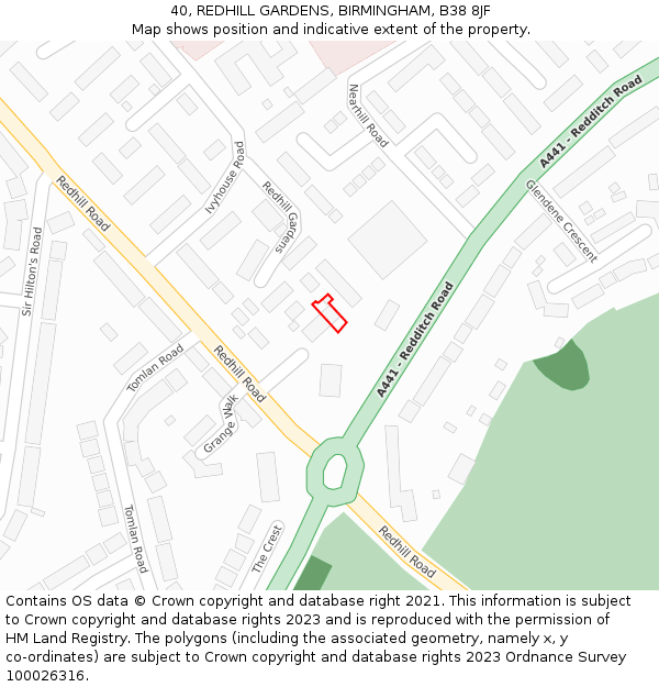 40, REDHILL GARDENS, BIRMINGHAM, B38 8JF: Location map and indicative extent of plot