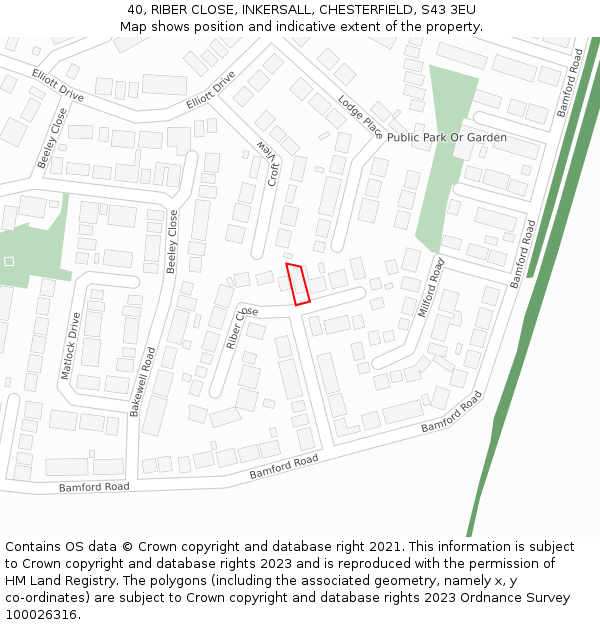 40, RIBER CLOSE, INKERSALL, CHESTERFIELD, S43 3EU: Location map and indicative extent of plot