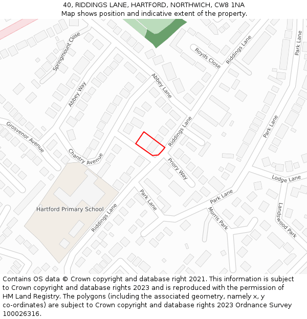 40, RIDDINGS LANE, HARTFORD, NORTHWICH, CW8 1NA: Location map and indicative extent of plot