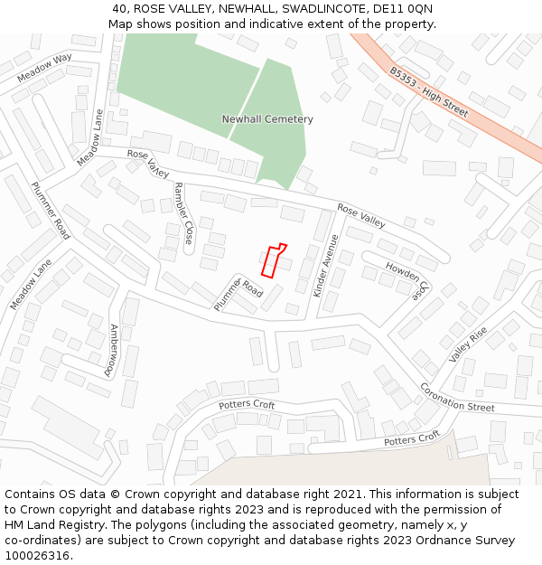 40, ROSE VALLEY, NEWHALL, SWADLINCOTE, DE11 0QN: Location map and indicative extent of plot