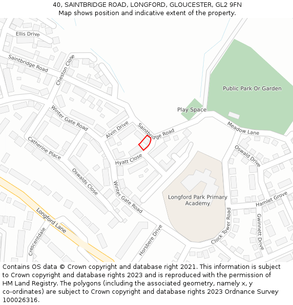40, SAINTBRIDGE ROAD, LONGFORD, GLOUCESTER, GL2 9FN: Location map and indicative extent of plot
