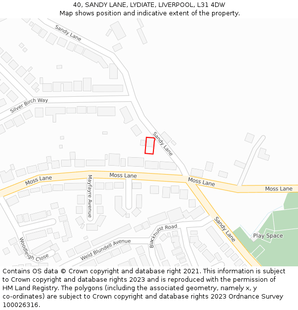 40, SANDY LANE, LYDIATE, LIVERPOOL, L31 4DW: Location map and indicative extent of plot