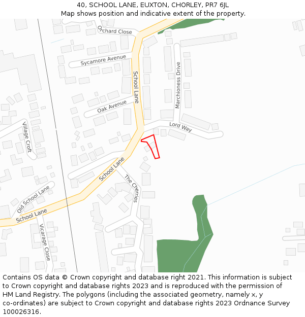 40, SCHOOL LANE, EUXTON, CHORLEY, PR7 6JL: Location map and indicative extent of plot