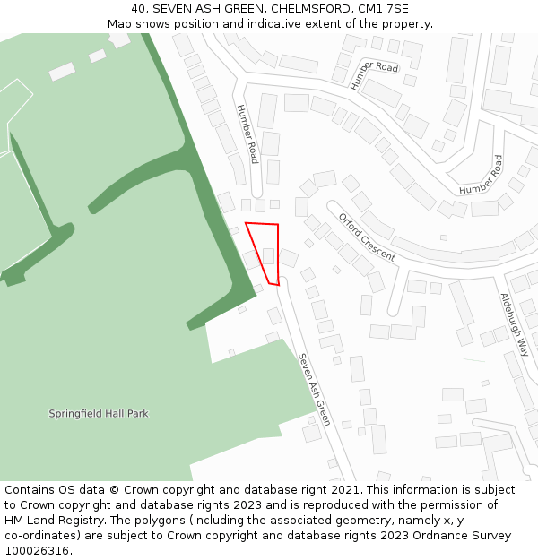 40, SEVEN ASH GREEN, CHELMSFORD, CM1 7SE: Location map and indicative extent of plot