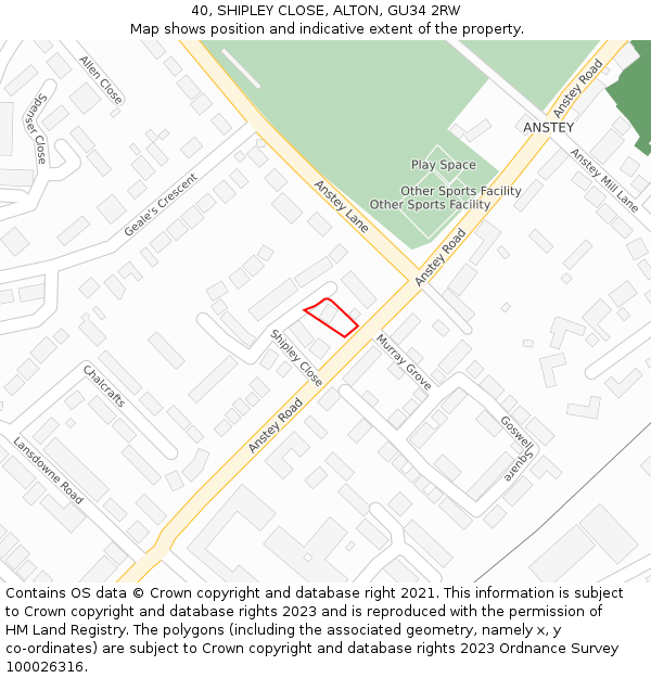 40, SHIPLEY CLOSE, ALTON, GU34 2RW: Location map and indicative extent of plot