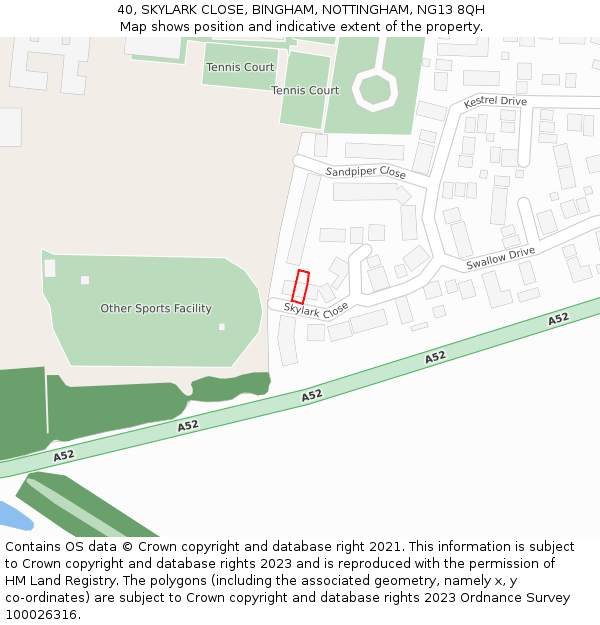 40, SKYLARK CLOSE, BINGHAM, NOTTINGHAM, NG13 8QH: Location map and indicative extent of plot