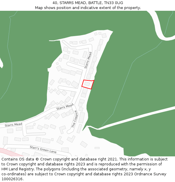 40, STARRS MEAD, BATTLE, TN33 0UG: Location map and indicative extent of plot