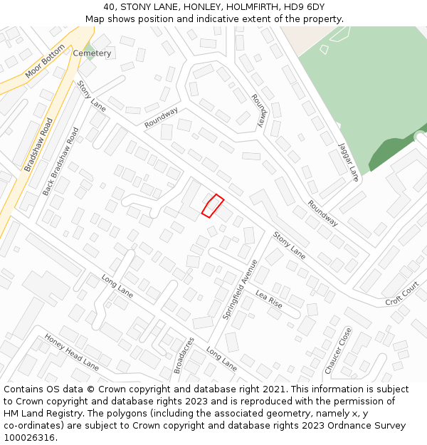 40, STONY LANE, HONLEY, HOLMFIRTH, HD9 6DY: Location map and indicative extent of plot