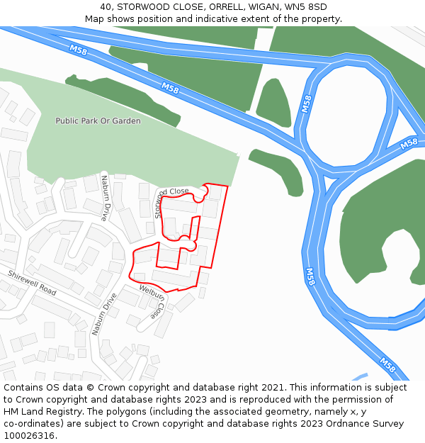 40, STORWOOD CLOSE, ORRELL, WIGAN, WN5 8SD: Location map and indicative extent of plot