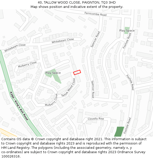 40, TALLOW WOOD CLOSE, PAIGNTON, TQ3 3HD: Location map and indicative extent of plot