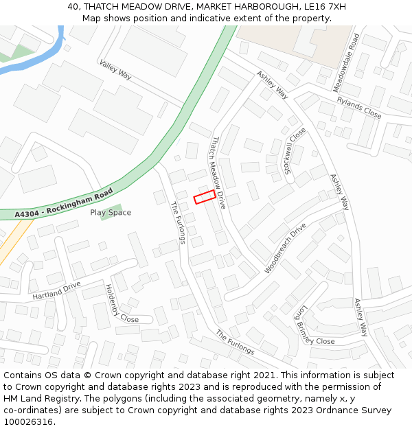 40, THATCH MEADOW DRIVE, MARKET HARBOROUGH, LE16 7XH: Location map and indicative extent of plot