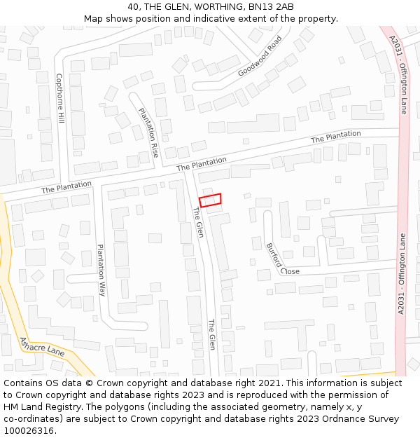 40, THE GLEN, WORTHING, BN13 2AB: Location map and indicative extent of plot