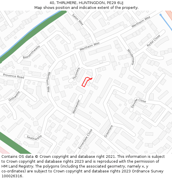 40, THIRLMERE, HUNTINGDON, PE29 6UJ: Location map and indicative extent of plot