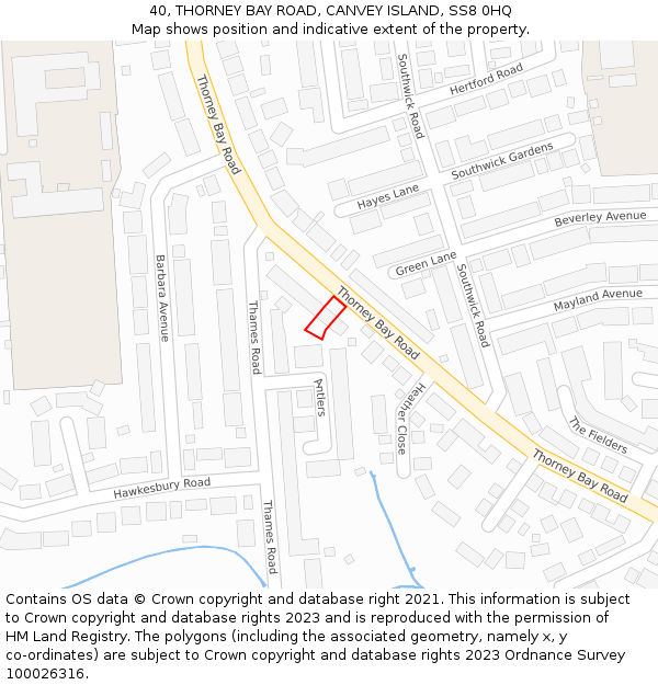 40, THORNEY BAY ROAD, CANVEY ISLAND, SS8 0HQ: Location map and indicative extent of plot