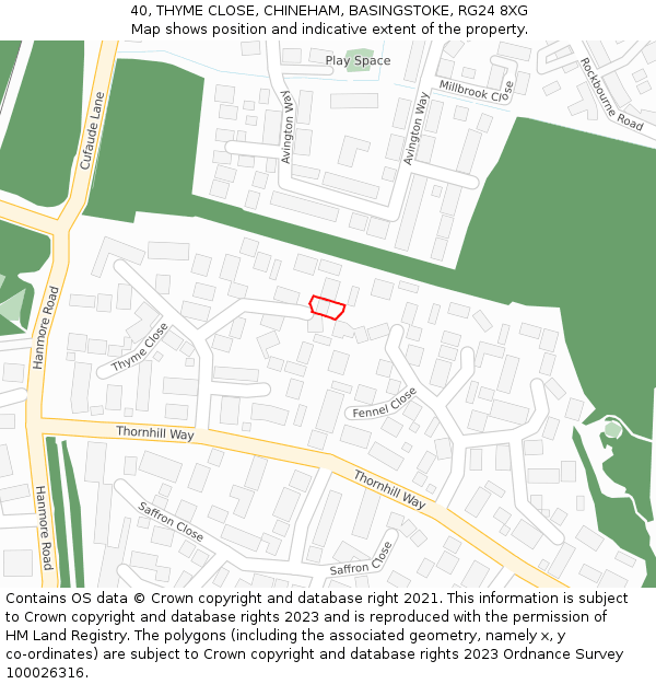 40, THYME CLOSE, CHINEHAM, BASINGSTOKE, RG24 8XG: Location map and indicative extent of plot
