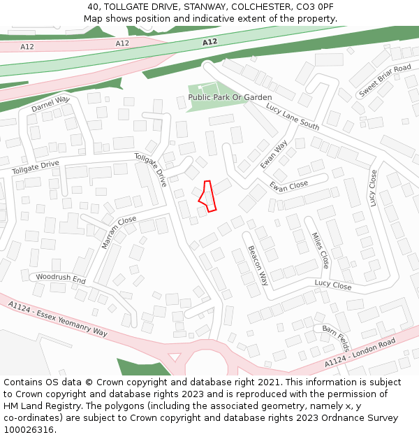 40, TOLLGATE DRIVE, STANWAY, COLCHESTER, CO3 0PF: Location map and indicative extent of plot