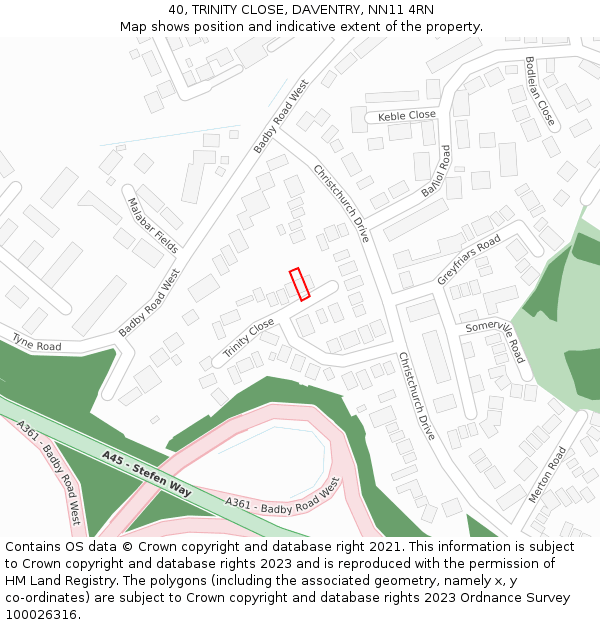 40, TRINITY CLOSE, DAVENTRY, NN11 4RN: Location map and indicative extent of plot