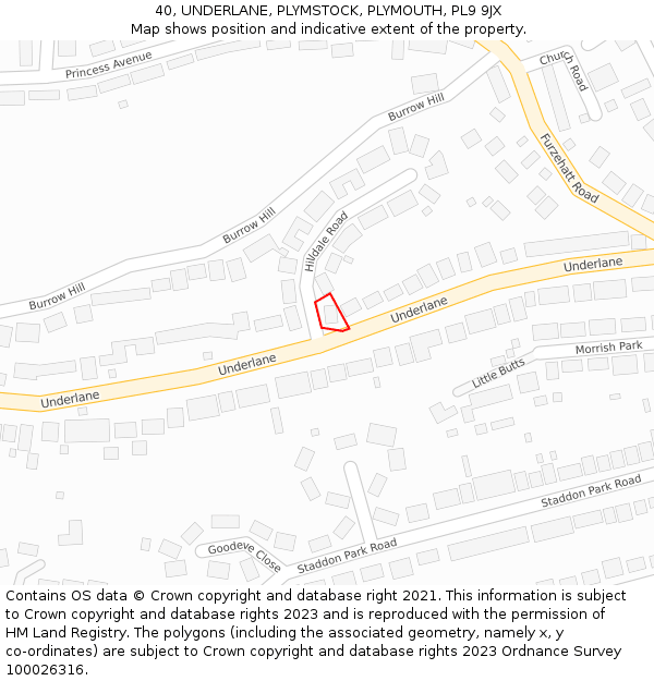 40, UNDERLANE, PLYMSTOCK, PLYMOUTH, PL9 9JX: Location map and indicative extent of plot