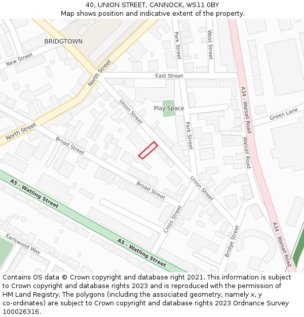 40, UNION STREET, CANNOCK, WS11 0BY: Location map and indicative extent of plot