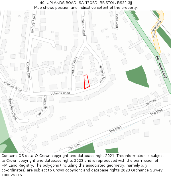 40, UPLANDS ROAD, SALTFORD, BRISTOL, BS31 3JJ: Location map and indicative extent of plot