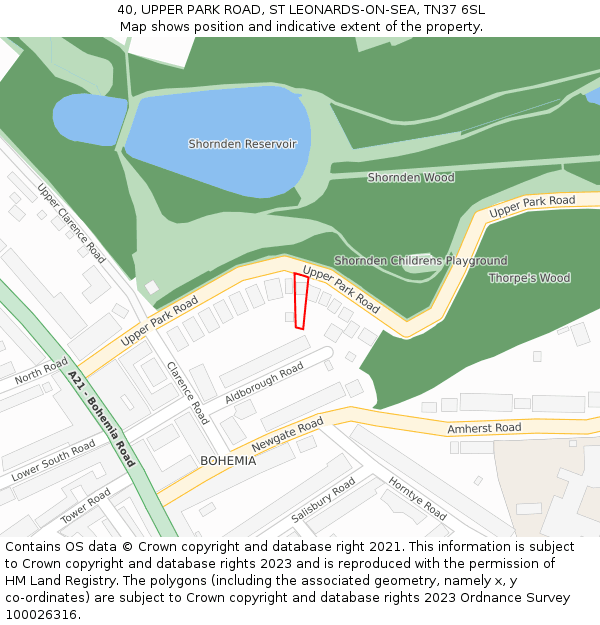 40, UPPER PARK ROAD, ST LEONARDS-ON-SEA, TN37 6SL: Location map and indicative extent of plot