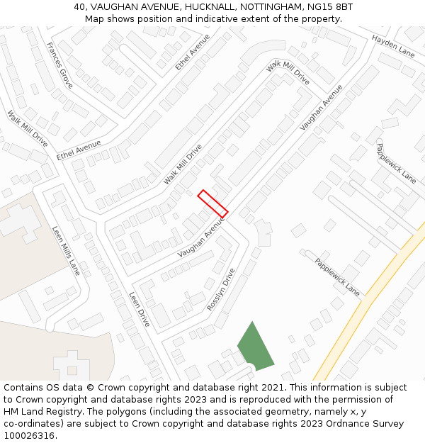 40, VAUGHAN AVENUE, HUCKNALL, NOTTINGHAM, NG15 8BT: Location map and indicative extent of plot