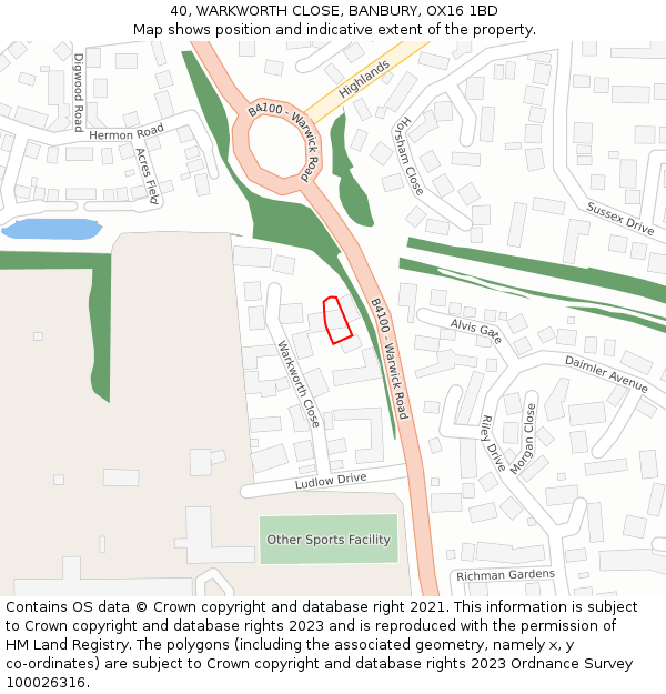 40, WARKWORTH CLOSE, BANBURY, OX16 1BD: Location map and indicative extent of plot