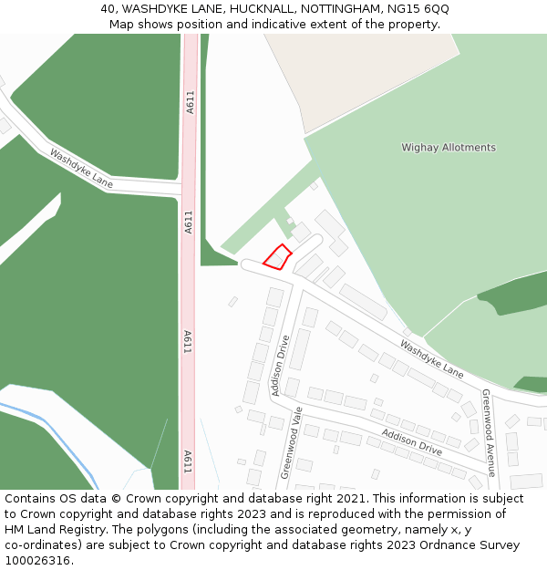 40, WASHDYKE LANE, HUCKNALL, NOTTINGHAM, NG15 6QQ: Location map and indicative extent of plot