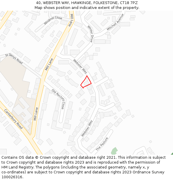 40, WEBSTER WAY, HAWKINGE, FOLKESTONE, CT18 7PZ: Location map and indicative extent of plot