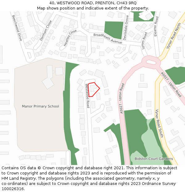 40, WESTWOOD ROAD, PRENTON, CH43 9RQ: Location map and indicative extent of plot
