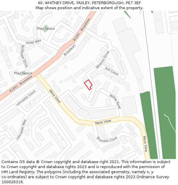 40, WHITNEY DRIVE, YAXLEY, PETERBOROUGH, PE7 3EF: Location map and indicative extent of plot