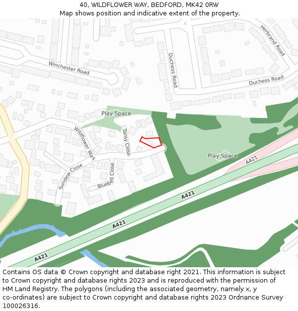 40, WILDFLOWER WAY, BEDFORD, MK42 0RW: Location map and indicative extent of plot