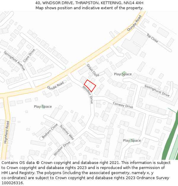 40, WINDSOR DRIVE, THRAPSTON, KETTERING, NN14 4XH: Location map and indicative extent of plot