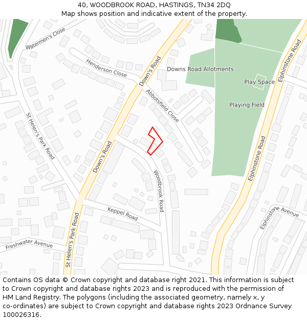 40, WOODBROOK ROAD, HASTINGS, TN34 2DQ: Location map and indicative extent of plot