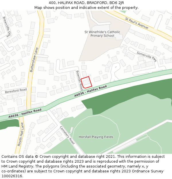 400, HALIFAX ROAD, BRADFORD, BD6 2JR: Location map and indicative extent of plot