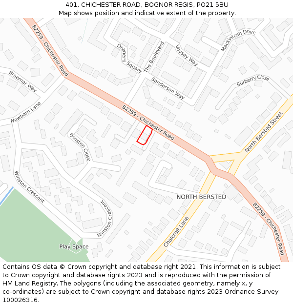 401, CHICHESTER ROAD, BOGNOR REGIS, PO21 5BU: Location map and indicative extent of plot