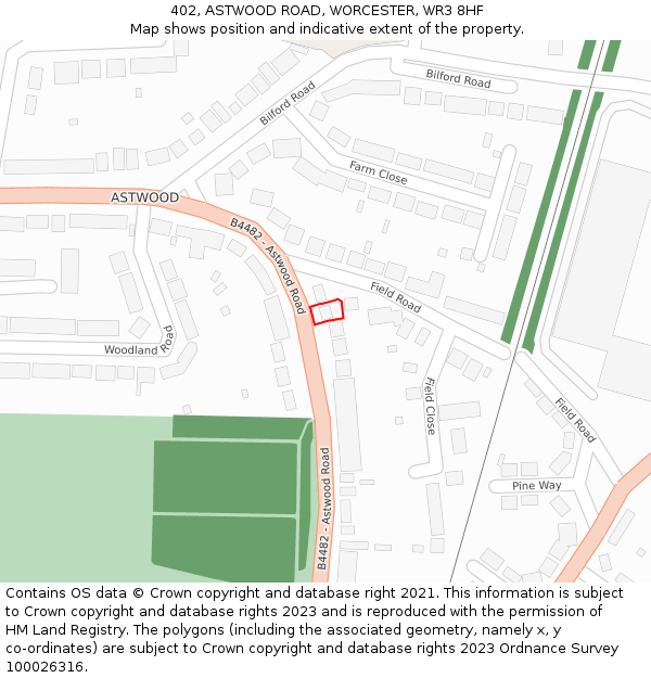 402, ASTWOOD ROAD, WORCESTER, WR3 8HF: Location map and indicative extent of plot