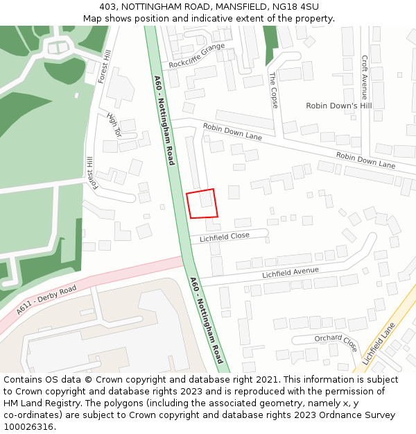 403, NOTTINGHAM ROAD, MANSFIELD, NG18 4SU: Location map and indicative extent of plot