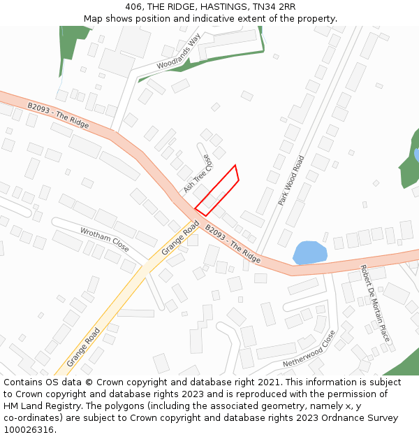 406, THE RIDGE, HASTINGS, TN34 2RR: Location map and indicative extent of plot