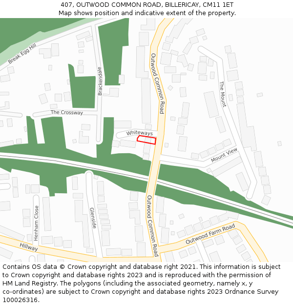407, OUTWOOD COMMON ROAD, BILLERICAY, CM11 1ET: Location map and indicative extent of plot