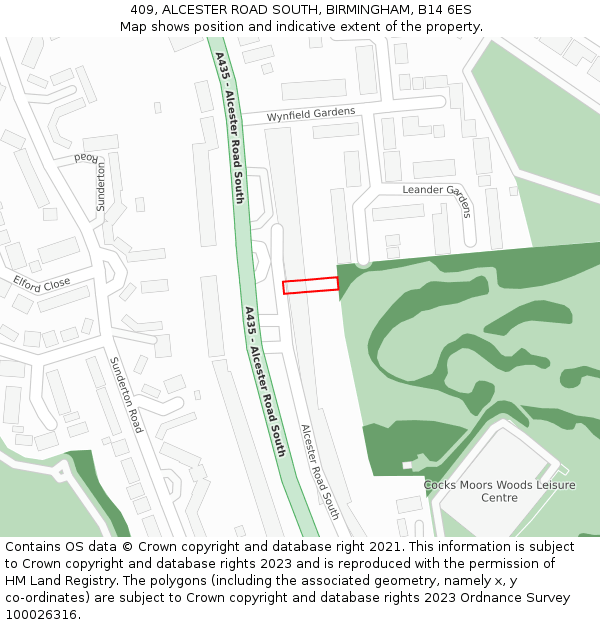 409, ALCESTER ROAD SOUTH, BIRMINGHAM, B14 6ES: Location map and indicative extent of plot