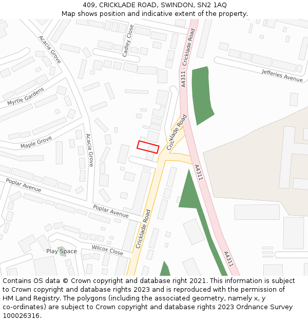 409, CRICKLADE ROAD, SWINDON, SN2 1AQ: Location map and indicative extent of plot